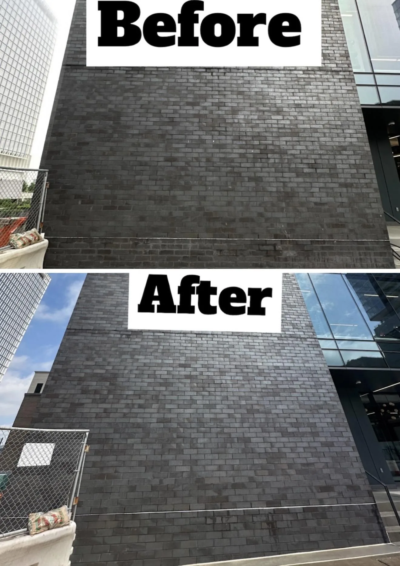 Commercial brick wall photographed before and after pressure washing